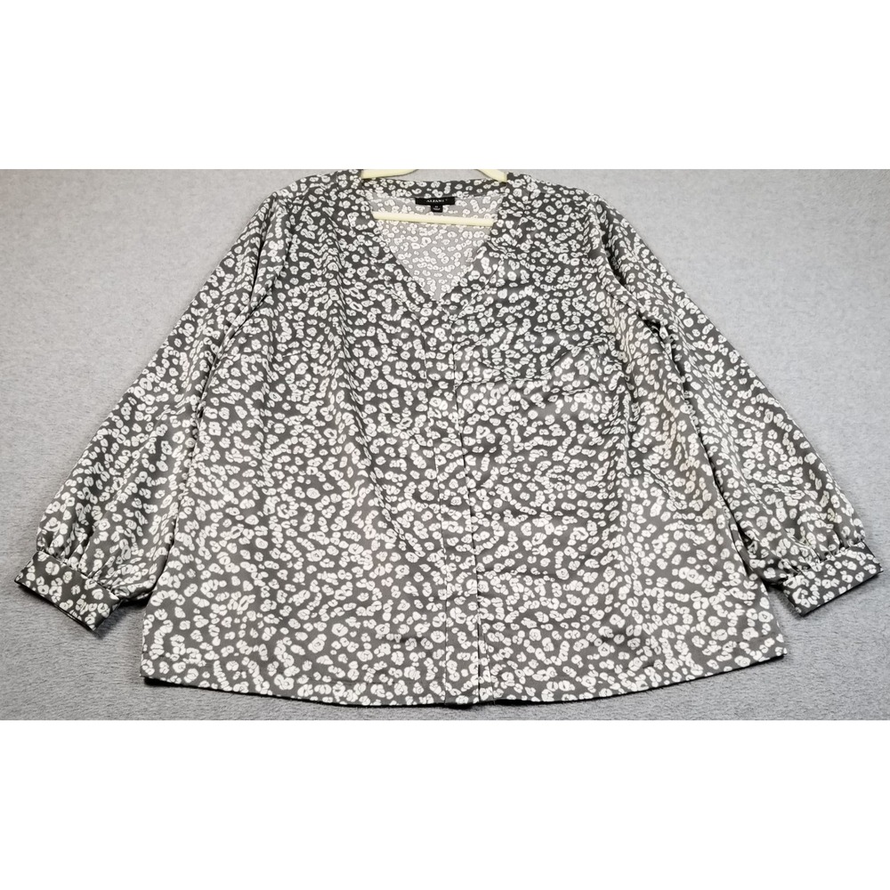 Alfani Button Up Shirt Women 2X Plus Gray‎ White Animal Print Long Sleeve Satin